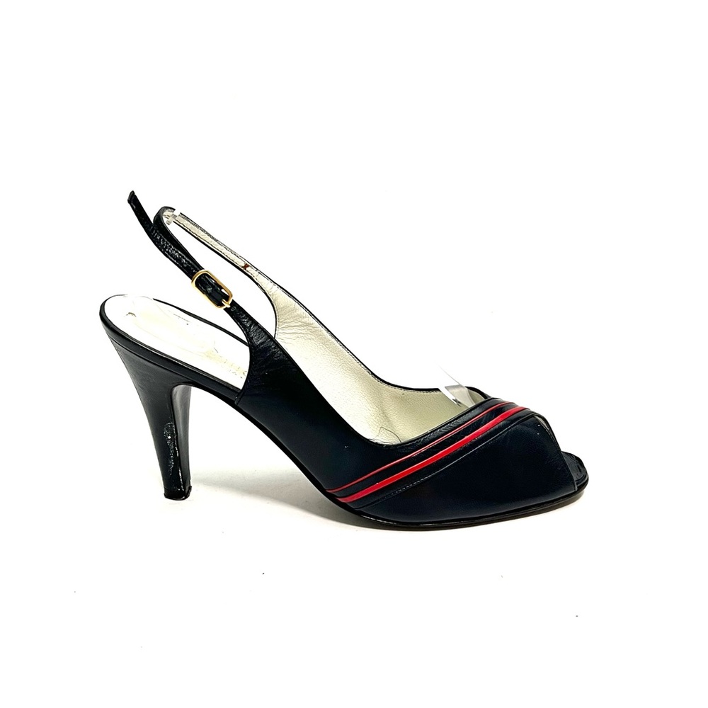 Vintage 1980s navy blue leather red stripe peep toe slingback heels